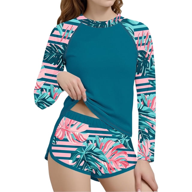 Girls Swimsuit Set, Long Sleeve Rash Guard Two Piece with Floral Print, Beach Vacation Swimwear for Kids, Summer Bathing Suits for Sun Protection, Cute Pool Outfits for Teen Girls