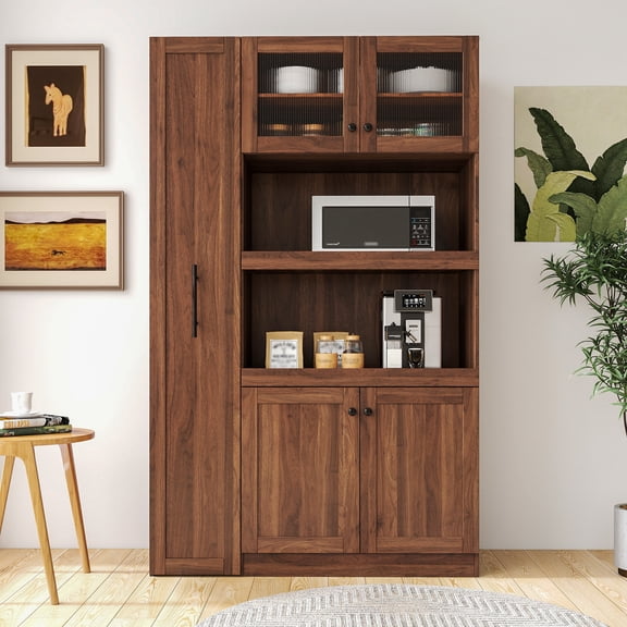 Kitchen Pantry Cabinet with Multi-Functional Pull-Out Multi-Tier Storage Shelf, Farmhouse Style with 4 Doors, Pantry Organizer for Kitchen/Dining Room