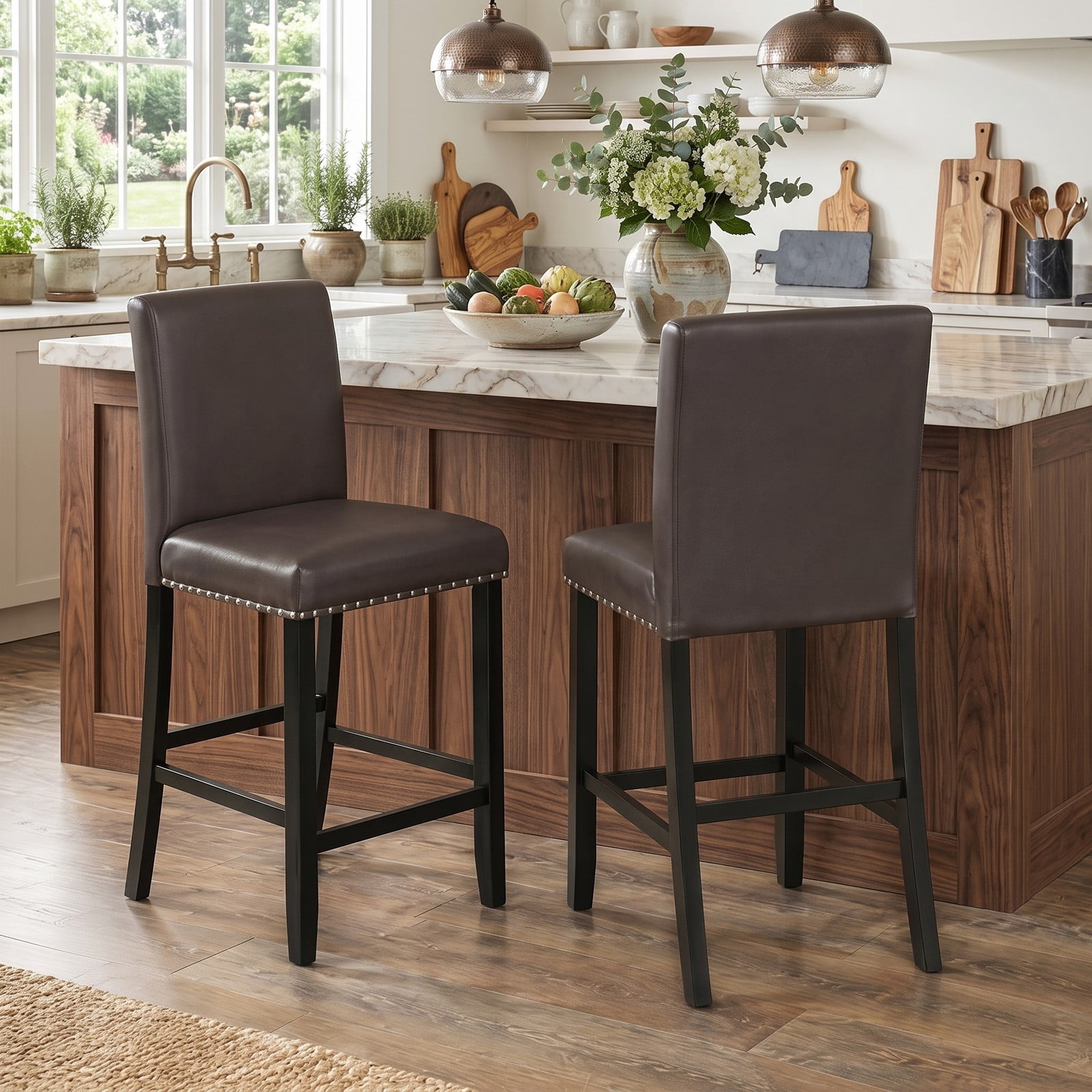 Furnibear Set of 2 Bar Stools with Back for Kitchen Island, 25.5 inch Upholstered Counter Height Barstools with Footrest, Padded Leather Bar Chairs for Dining, Brown