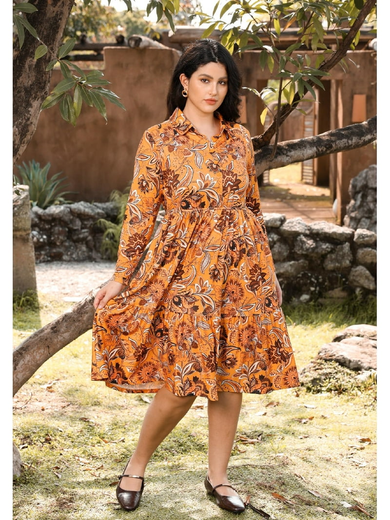Cassie Liz Plus Size Womens Dresses 2X V Neck Floral Print Yellow Maxi Dress with Elastic Waist Curvy Silhouette with Pockets Long Sleeve Romantic