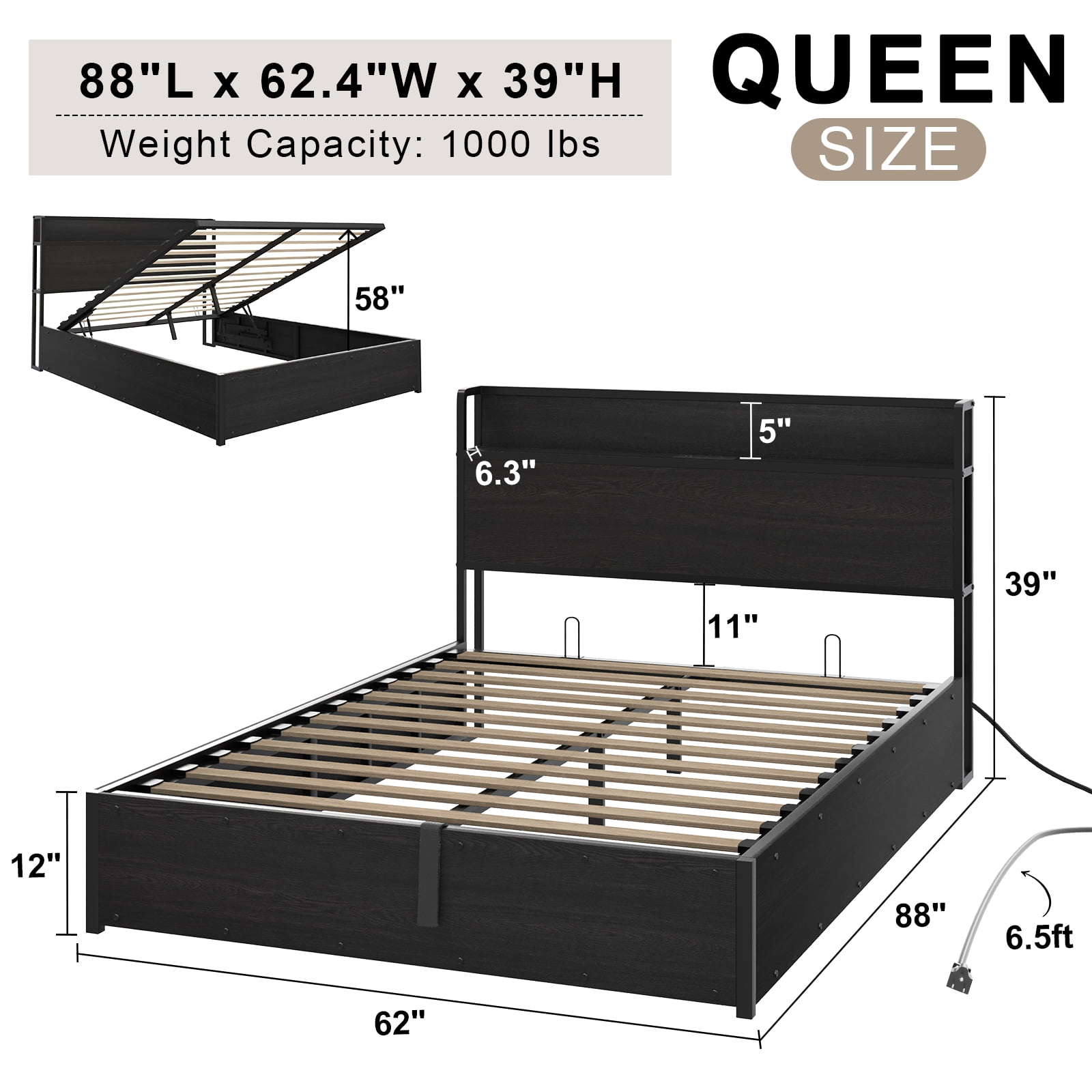 Bed- Back Cushion With Storage Hydraulic Bed Queen Size 5 X 6.5
