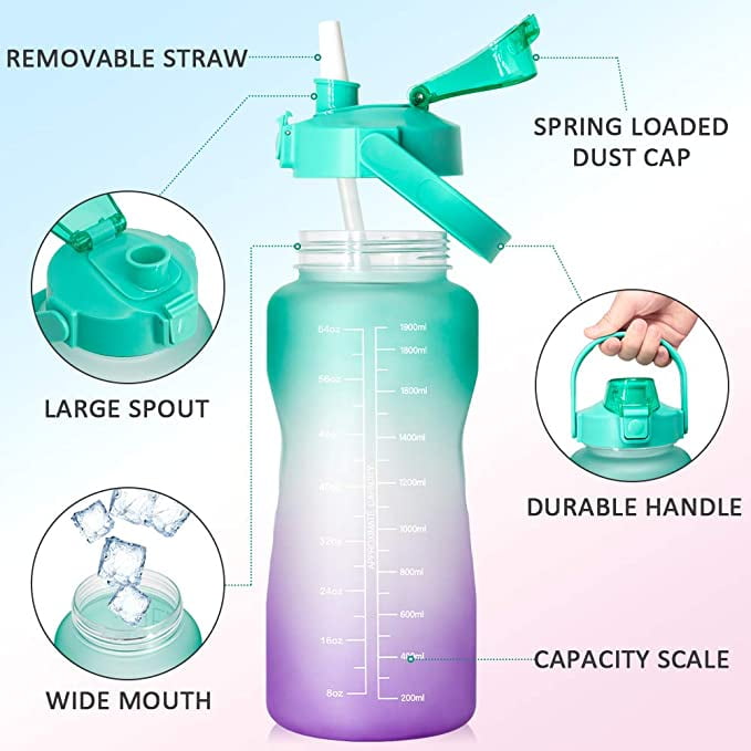Leakproof Tritan BPA Free Water Jug with Straw & Time Marker 2L Easy-clean Water Bottle for Fitness Wide Mouth Carry Handle Travel and Sports Half Gallon/64 oz Motivational Drinking Bottle 