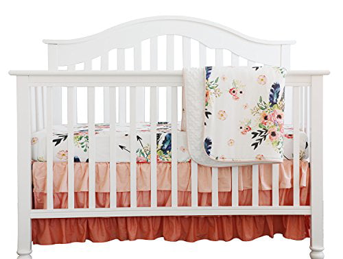 3 pcs Set Coral Navy Floral Baby Crib Bedding Set Minky Blanket Peach Navy Floral Girl Crib Set Floral Ruffled Crib Skirt
