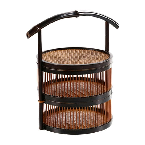Cesta tejida de bambú, cesta de regalo, cesta de bambú para comida, repostería, picnic Doble capa