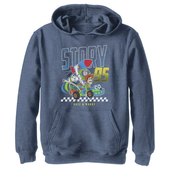 Boy's Toy Story Buzz & Woody Rocket Car  Pull Over Hoodie Navy Blue Heather Large