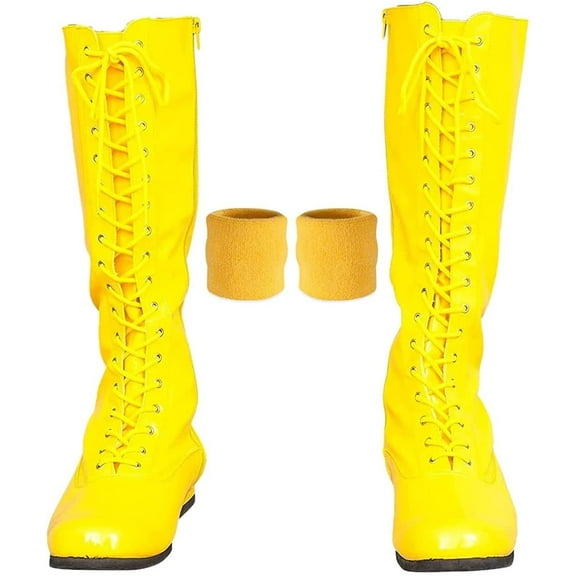 Pro Wrestling Lace-Up Boots and Coordinating Wristbands Yellow Medium
