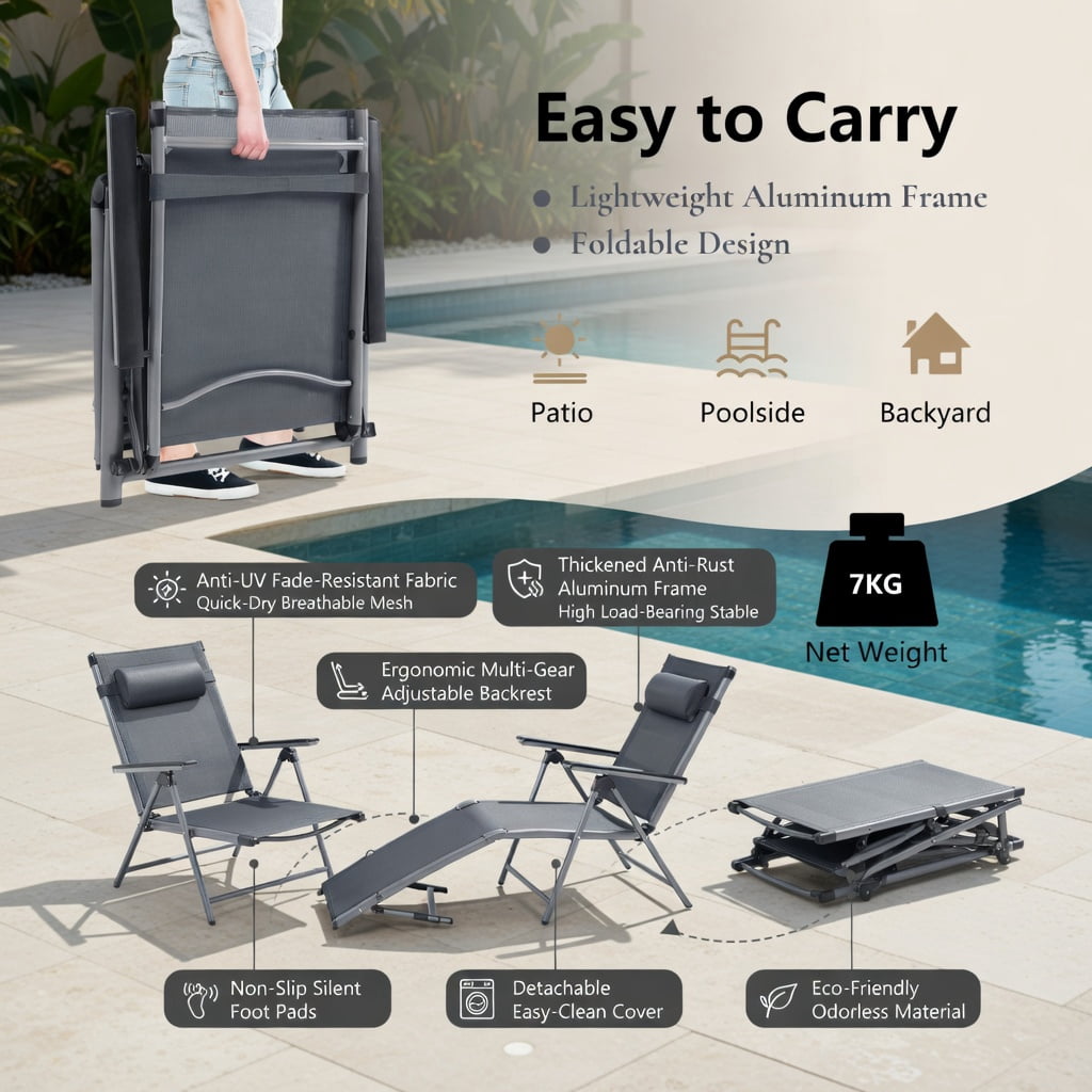 Hommoo Outdoor Aluminum Chaise Lounge Chair, 8-Position Adjustable Recliner with Quick-Dry Mesh Fabric, Foldable & Rust-Resistant for Patio, Poolside or Backyard, Gray