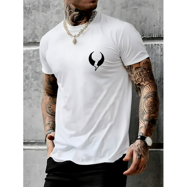 Men's Lightning & Bull Print Casual Tee - Soft Polyester, Crew Neck, Short Sleeve T-Shirt for Casual Attire