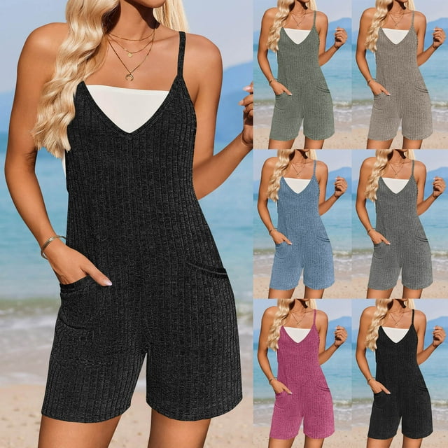 QATAINLAV Rompers for Women Summer Casual Sleeveless Spaghetti Strap Jumpsuit Solid Color Ribbed Knit Shorts Overalls with Pockets Loungewear Hot Pink L Lightning Sale