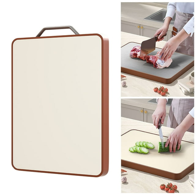 Aqestyerly Double-Sided Stainless Steel Cutting Board Thick Wooden Base Kitchen Chopping Block Durable