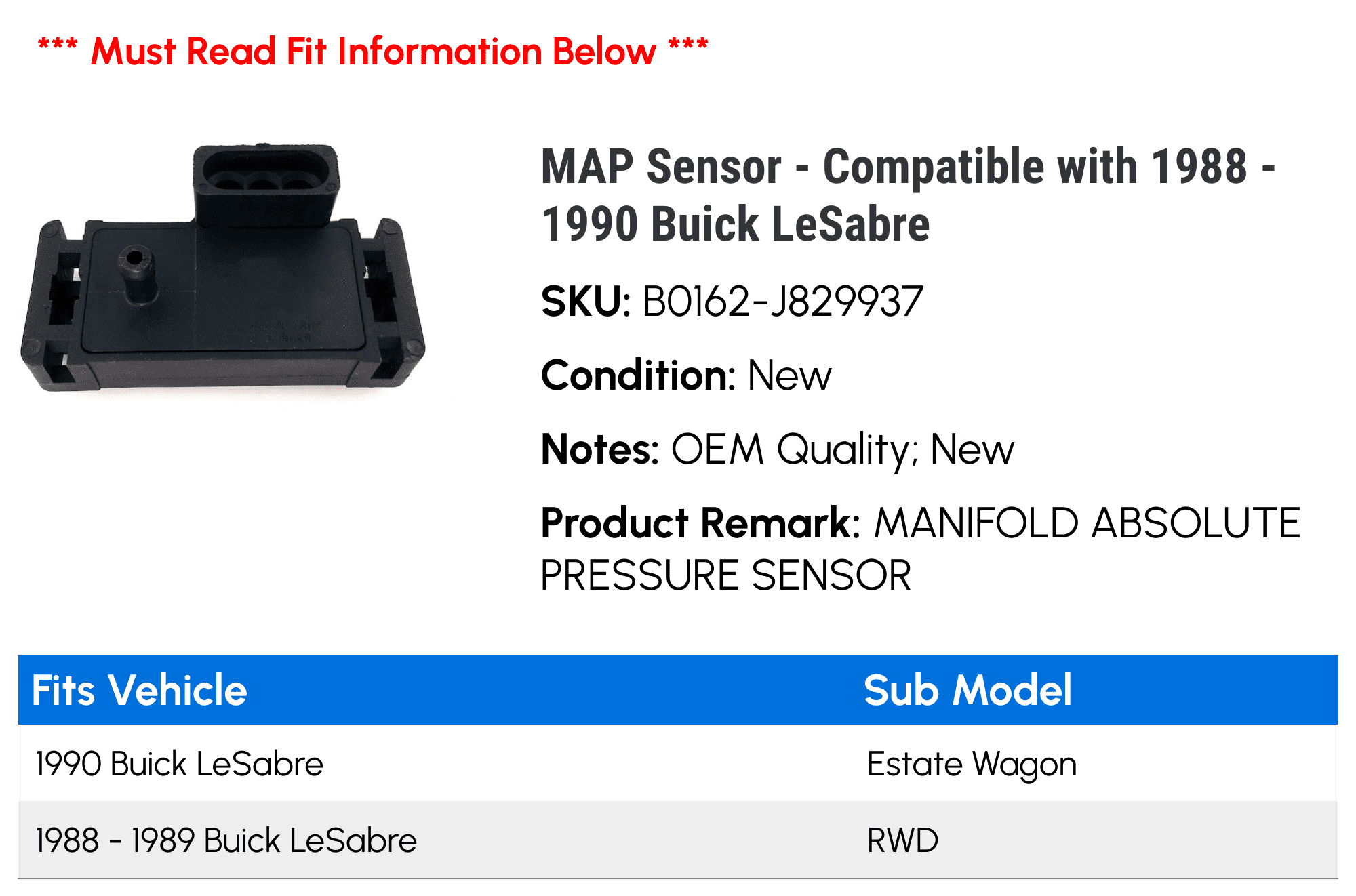 MAP Sensor - Compatible with 1988 - 1990 Buick LeSabre 1989