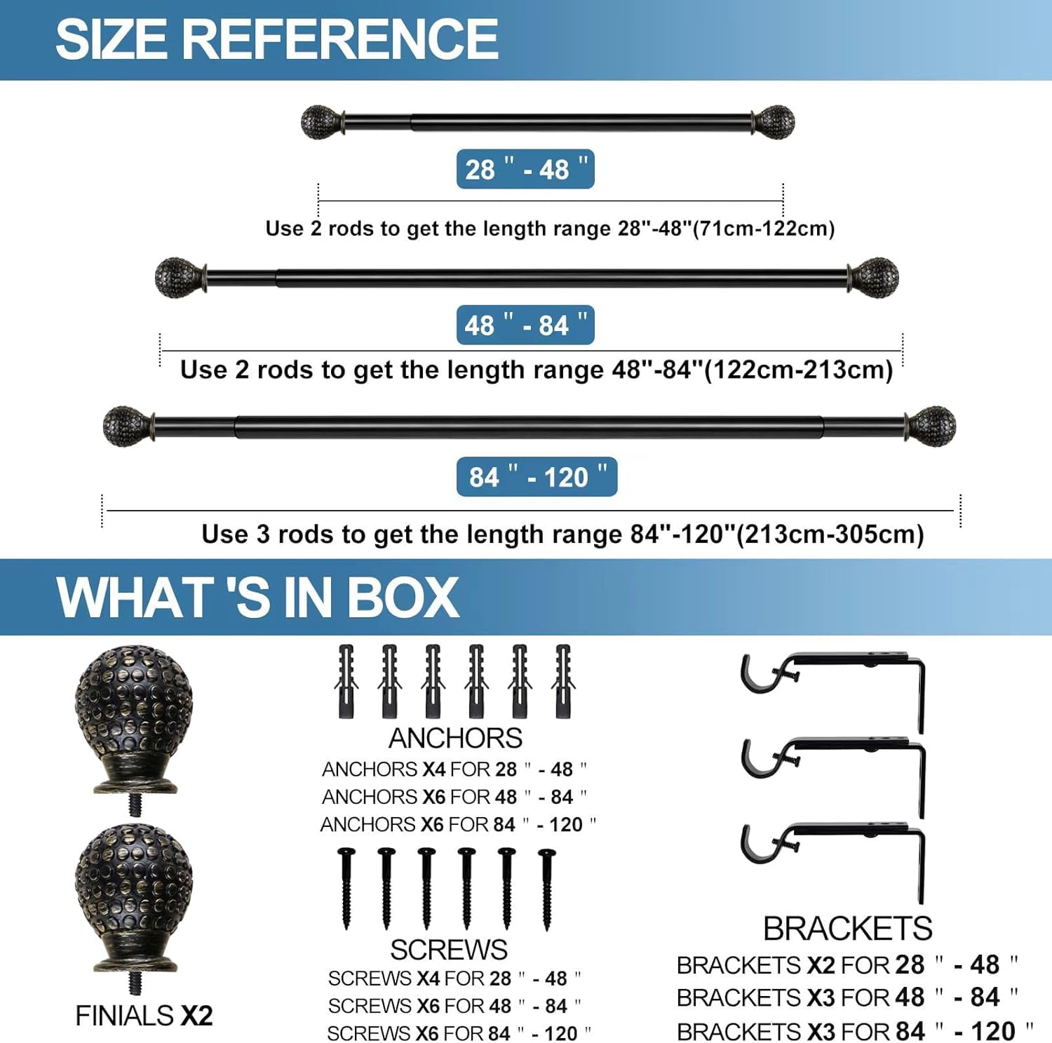 Urbanest Adjustable Single Curtain Rod Set Copper Tola Finials – 1 - Inch Diameter, With Black Rod, 84–120 Inches
