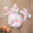 thumbnail image 3 of Baby Girls Flying Sleeve Flower Open Back Romper + Bow Headband Clothes Set, 3 of 9