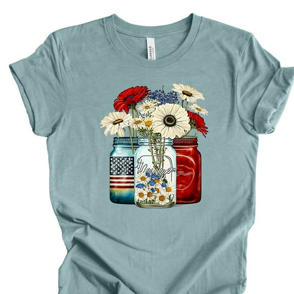 Patriotic Tee, American Flag Mason Jars With Daisies Shirt Unisex S-5XL Hot Trending Shirt, Vintage Birthday Gift
