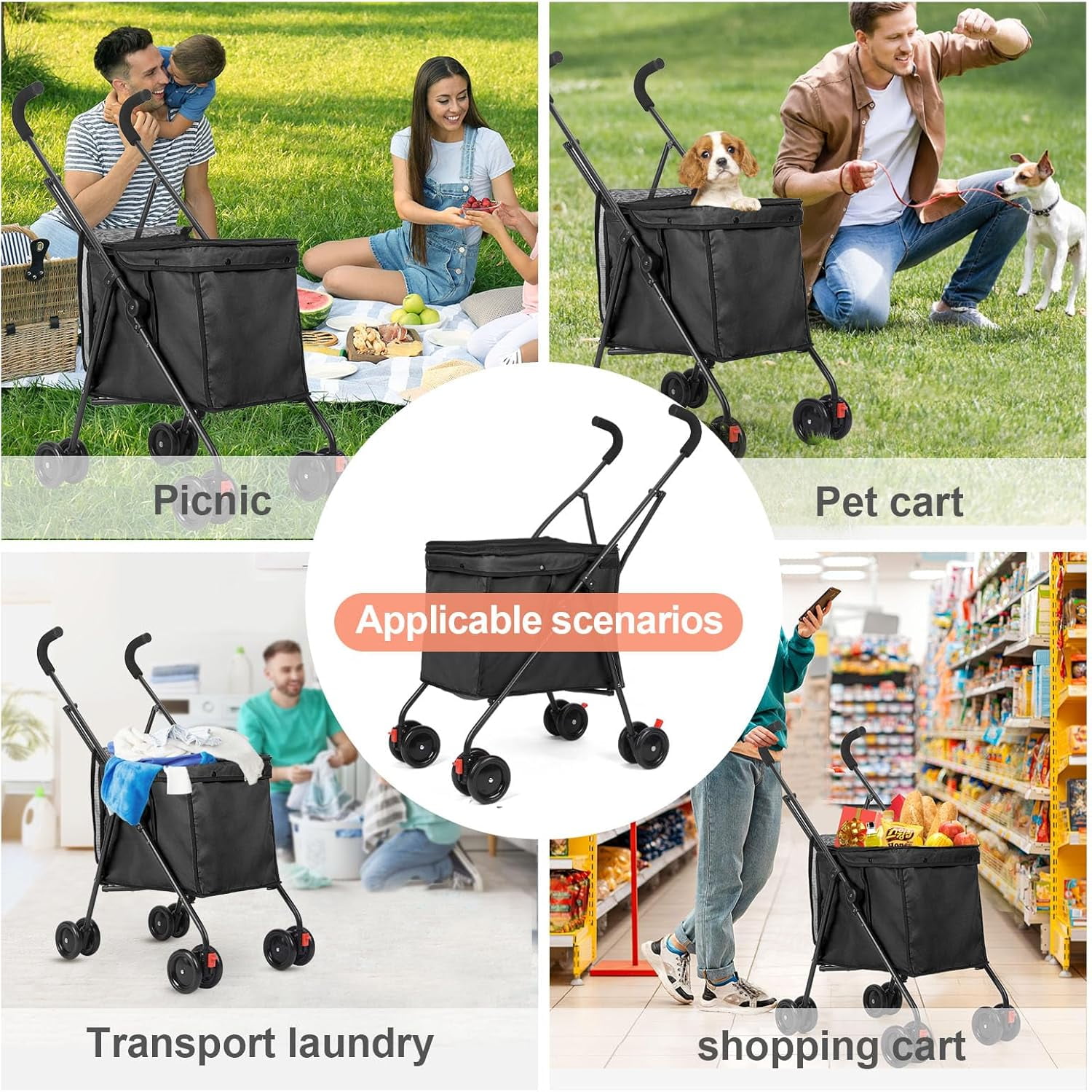 Dog Strollers, Shopping Cart, Collapsible Folding Utility Wagons Carts Heavy Duty, The Original Patented, 60lbs Capacity, Minimalist for Cats Pets Outdoor Camping Shopping Sports Garden (Black)