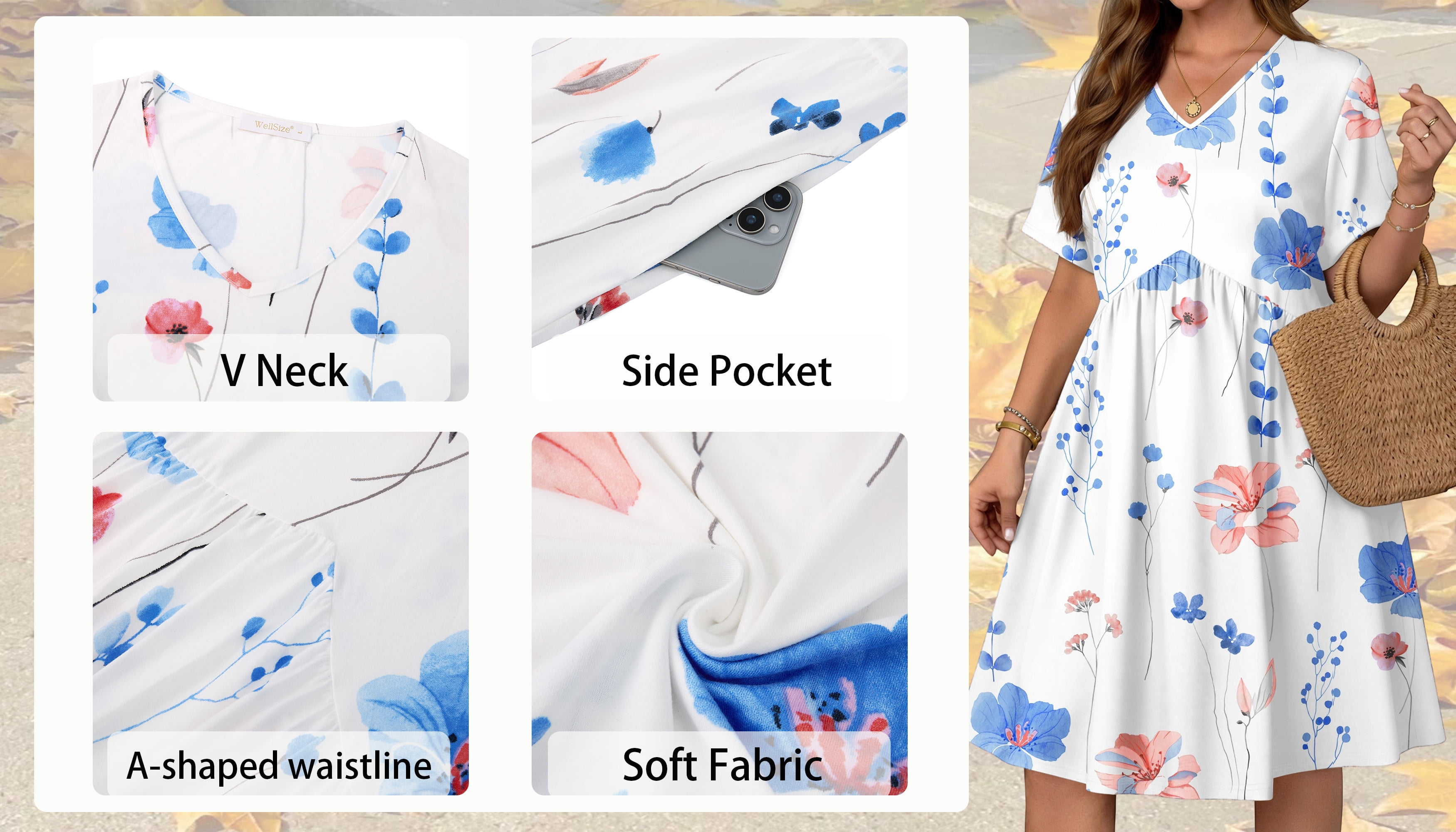WellSize Plus size Dresses For Women Floral Casual V Neck Short Sleeve Sundresses Midi Summer Dress with Pockets