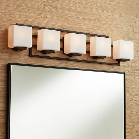Possini Euro Design Lighting on the Square Modern Wall Light Bronze Hardwire 37" 5-Light Fixture Opal Glass Shade for Bedroom Bathroom Vanity Home