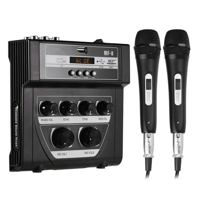 MF-8 Mini Sound Audio Mixer Stereo Echo Mixers Dual Mic Inputs Support BT Recording MP3 Function with 2 Set Wired Handheld Microphones for TV PC Smartphone Live Streaming Online Karaoke