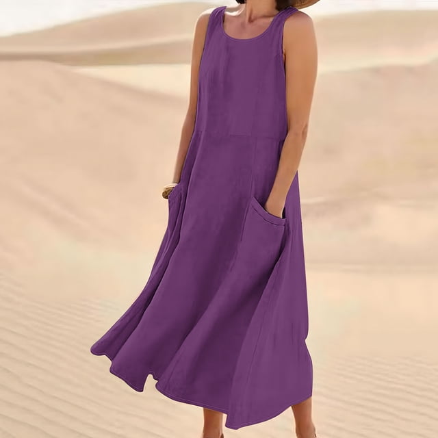 Robe Maxi Sans Manches, Robe Longue en Mélange de Lin à Col Rond avec Poches, Robe d'Été Décontractée pour Femme