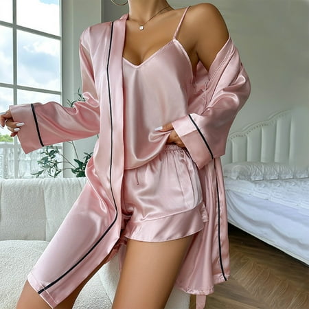 Wyongtao Women s Satin Robe Set Nightgown with Robes Silk Pajama Set 3 Pieces Lingerie V Neck Cami and Shorts Sleepwear Sets Pink M