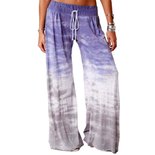 Pantalones Sueltos Pierna Ancha Cintura Alta Degradado Cordón Cinturón Ajustable Impresión Pantalones Casuales Púrpura XL