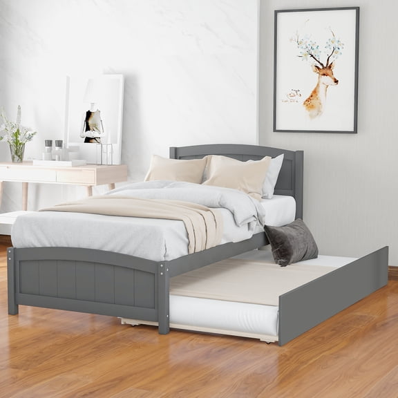 Twin Size Platform Bed with Trundle, Gray