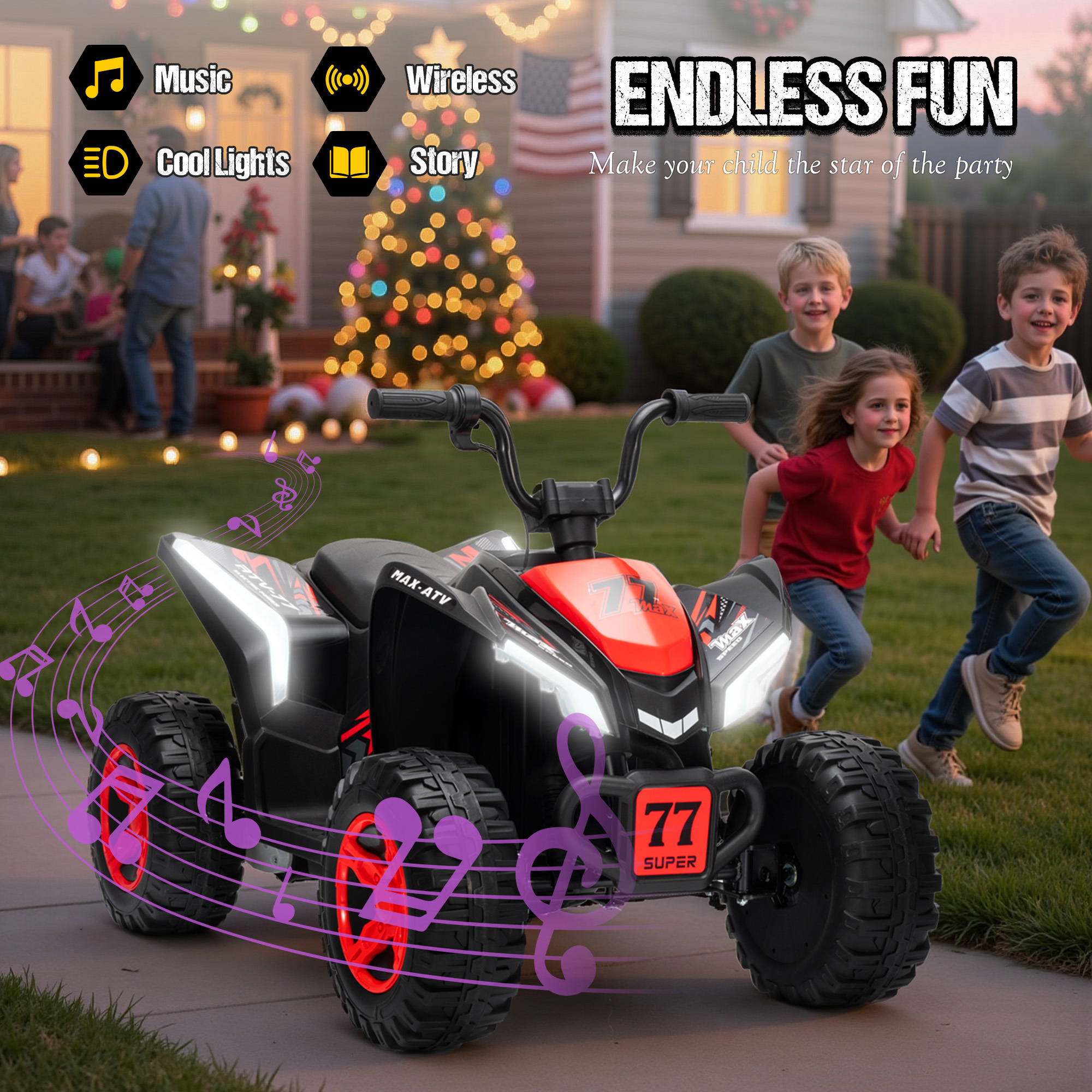 Kids ATV 4 Wheeler, Two Seater 24V Ride On Toy for Big Kid w/Unique LED Light, Music, Wireless, Story, 24 Volt Ride on Car Electric Quad for Boys Girls, Red