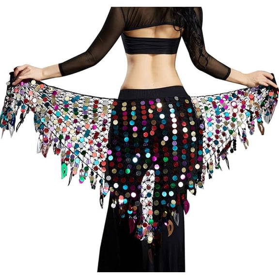 Zhuge Women's Belly Dance Hip Scarf, Sequin Mesh Triangle Wrap Skirt, Multicolored
