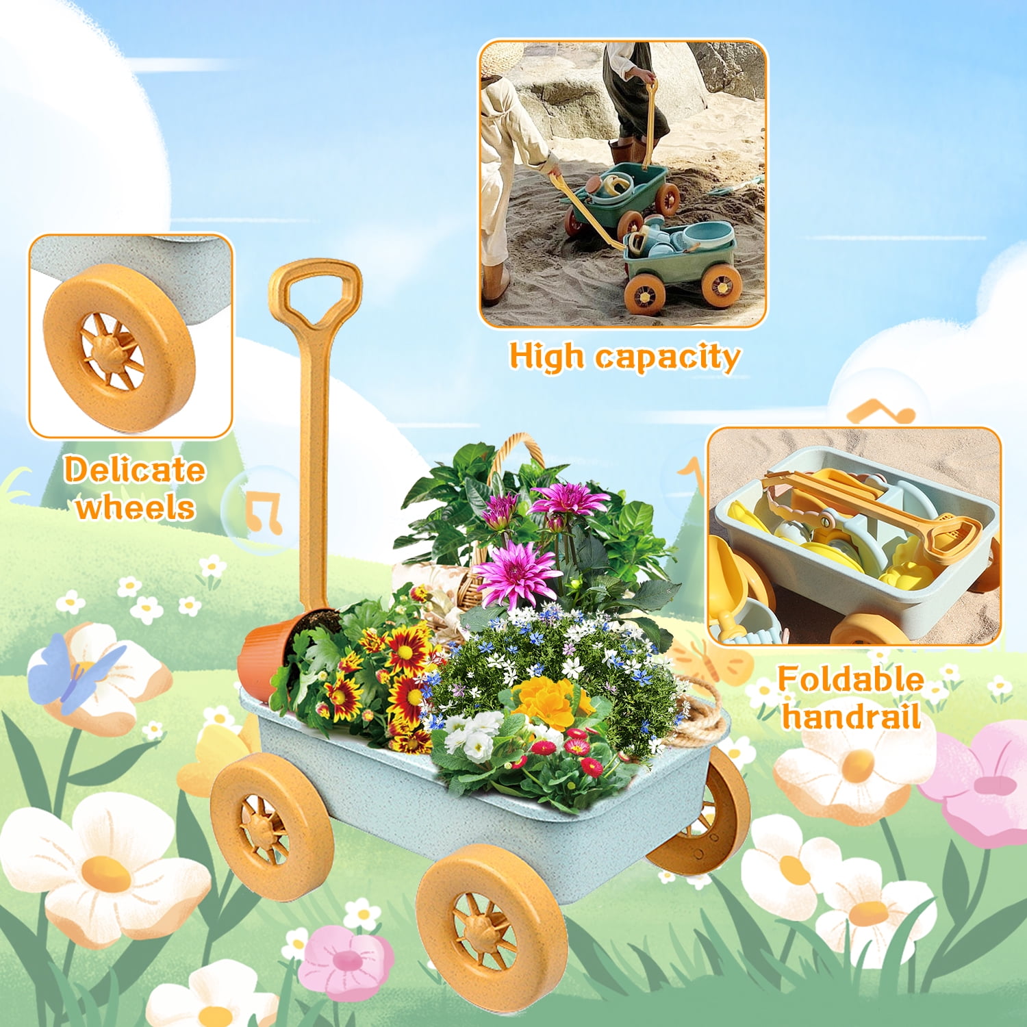 Kids Gardening Tools Set, 12pcs Outdoor Garden Toys with Wheelbarrow, Shovel, Rake, Leaf Rake, Gloves, Yard Beach Digging Pretend Toys for Boys Girls Age 3+
