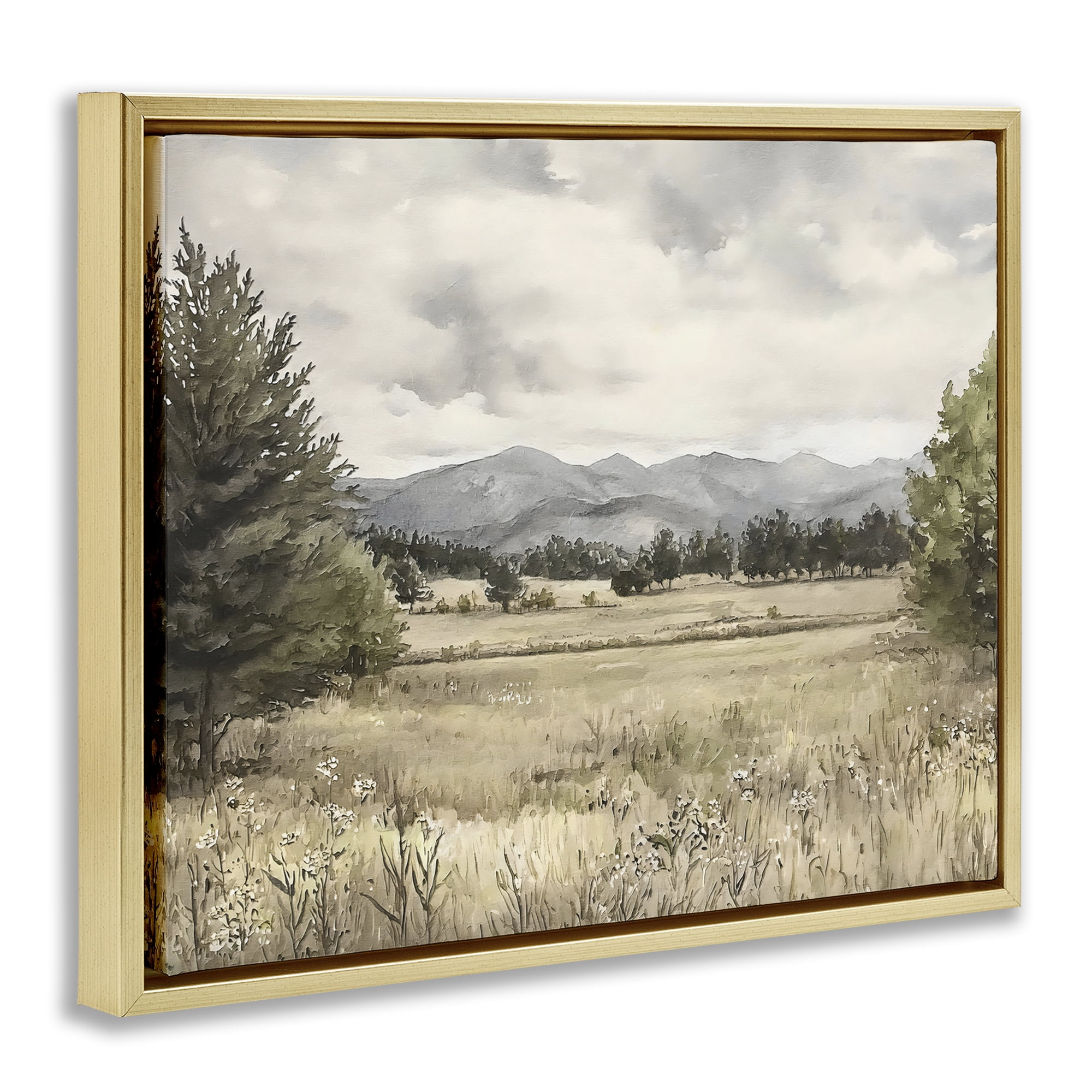 Stupell Industries Muted Mountain Meadow Gold Framed Floater Canvas Wall Art, design by Riley B