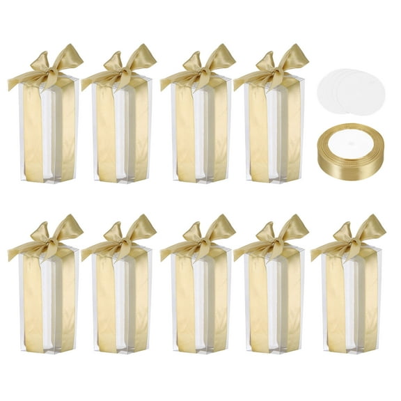 Uxcell 10 Pcs Clear Gift Boxes, 50x50x120mm Clear Boxes for Favors with Gold Ribbon Blank Tag, Plastic Gift Box for Wedding, Party Favors, Candy Boxes, Home Birthday Decor
