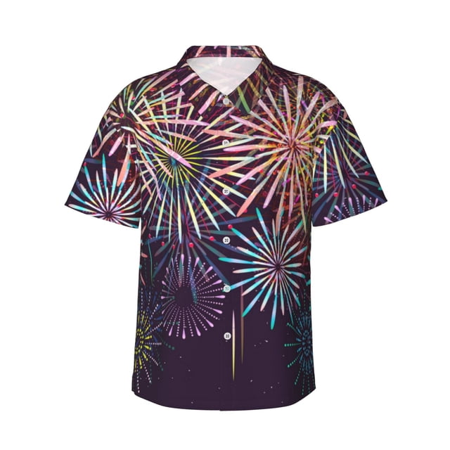 Balery Fireworks2 Camisas hawaianas de manga corta para hombre, camisas playeras de corte holgado, camisas de vacaciones con botones,Large
