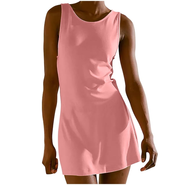 Staron Robes d'Été Roses pour Femmes Col Rond Robes Décontractées Sans Manches Courtes Mini Ajustées