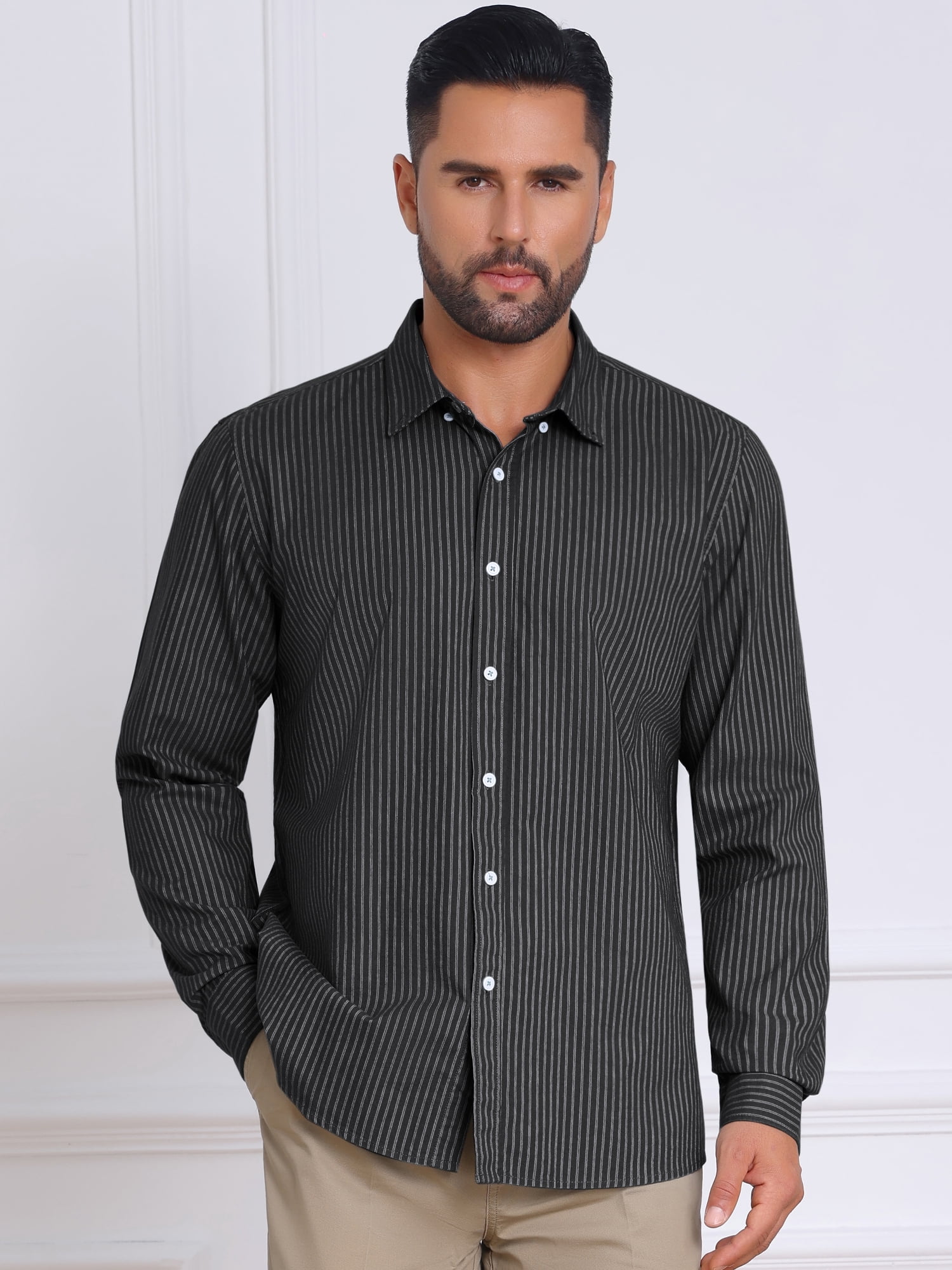 DARING DIVA Men's Stripes Long Sleeved Button Down Business Dress Shirts S Black