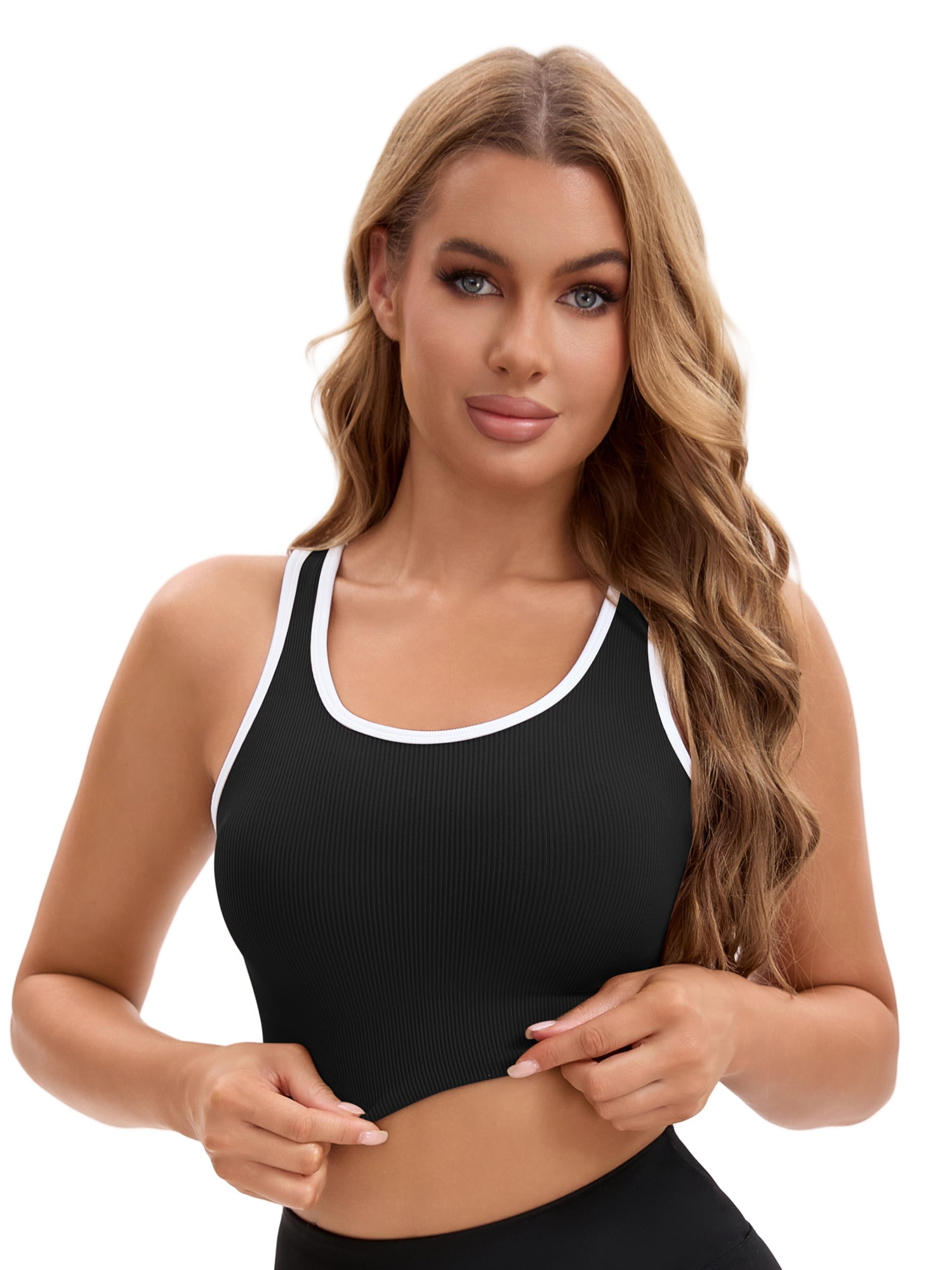 Unique Bargains Women's Contrast Color Open Back Workout Tank with Built-In Bras M Black