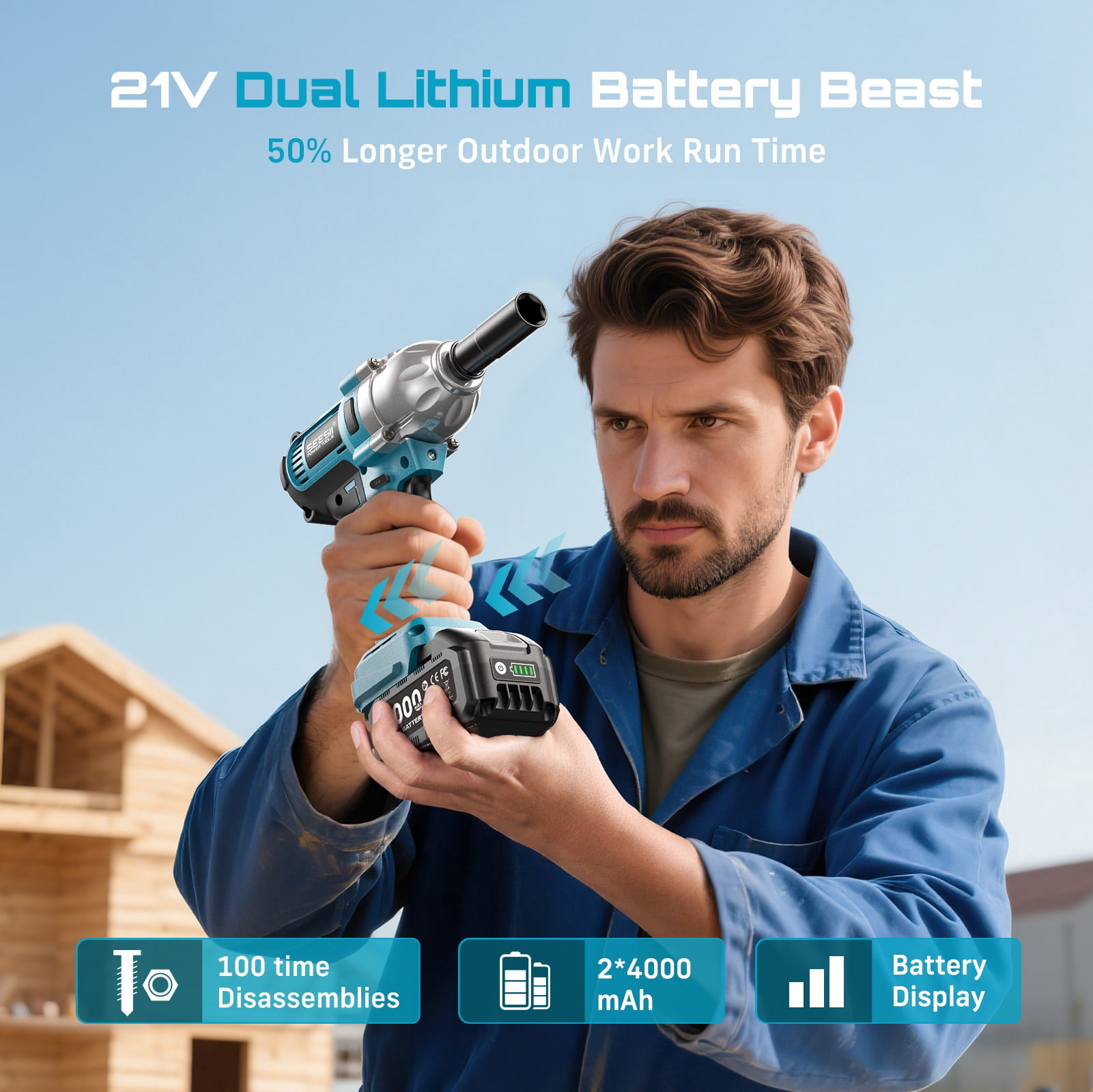 Seesii Electric Cordless Impact Wrench  1/2 885 FT-LBS(1200N.m) 3300IPM High Torque Brushelss Impact Gun 2x4.0Ah Battery 6 Sockets&Case