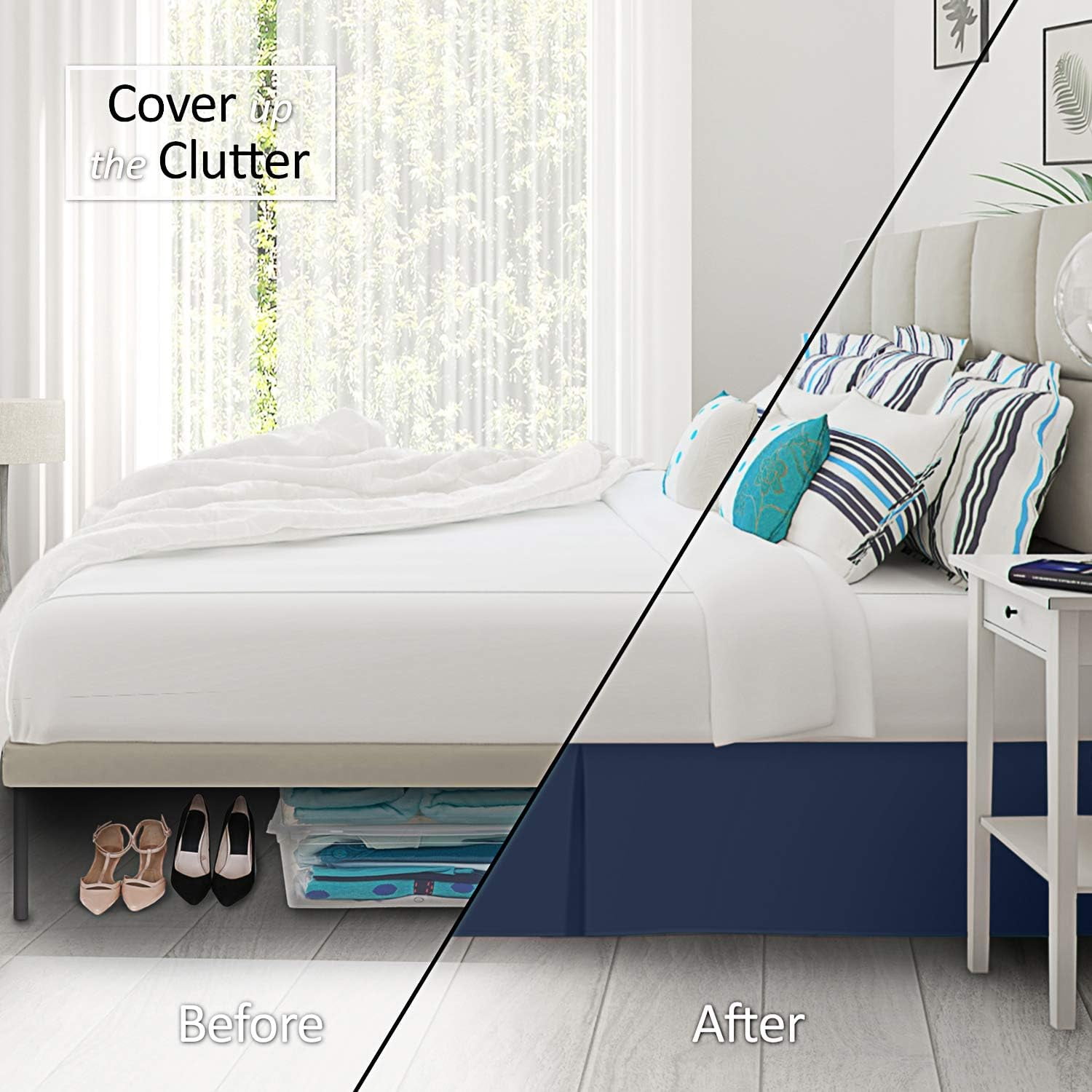 Twin XL Size Pleated Bed Skirt, Navy Blue, 10 Inch Drop, 120 GSM Microfiber, Wrinkle-Free, Fade Resistant, Easy Fit Box Spring Cover