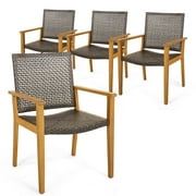 Costway Set of 4 Patio Dining Chairs Outdoor Acacia Wood Rattan Armchairs Garden Balcony