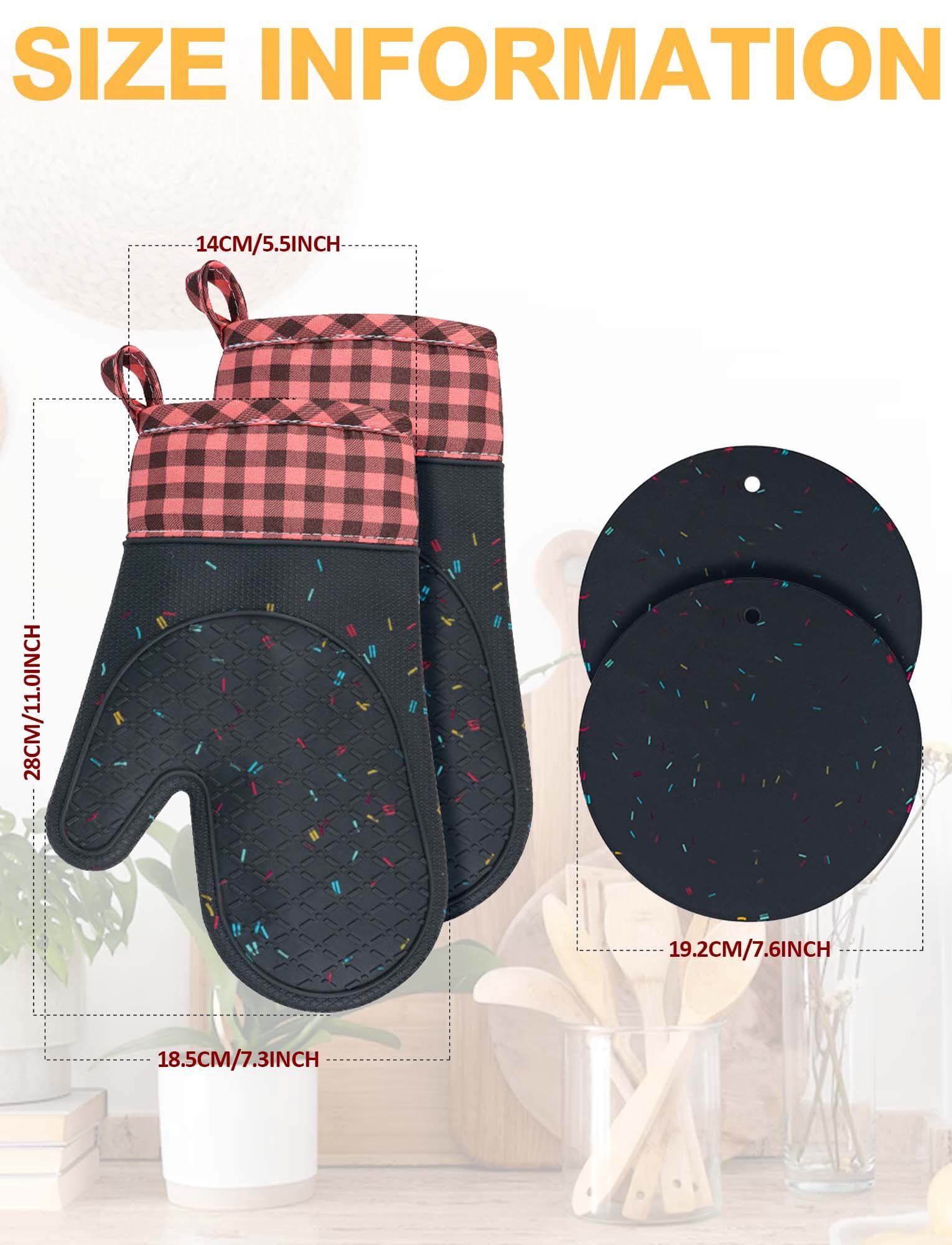 FEOYA Silicone Oven Mitts Kitchen Oven Mitten Round Potholder 4 Pcs Heat-Resistant 500℉ Non-Slip Potholder Washable Surface Soft Cotton Oven Gloves for Baking Cooking Grilling