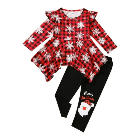 

Toddler Baby Girls 2Pcs Merry Christmas Tracksuit Ruffle Long Sleeve Snowflake Print Irregular Tops Pants Fall Outfit