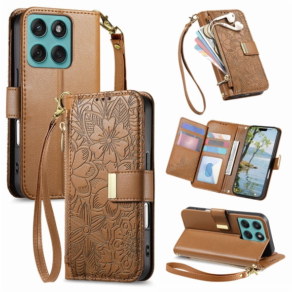 Lunvic Wallet Case for Motorola Edge (2025), Zipper Pocket PU Leather Embossed Floral Flip Folio Cover, Card Slots, Cash Pocket, Kickstand, Wrist Strap, Brown