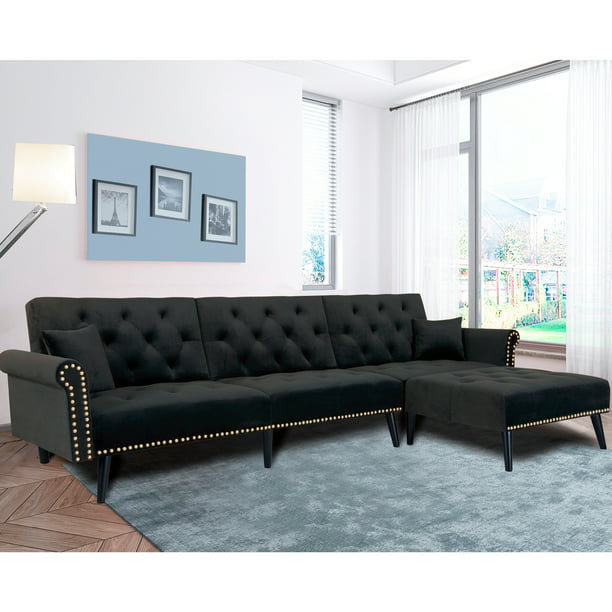 Segmart Sectional Sofa Black Velvet, Black Velvet Sofa With Chaise