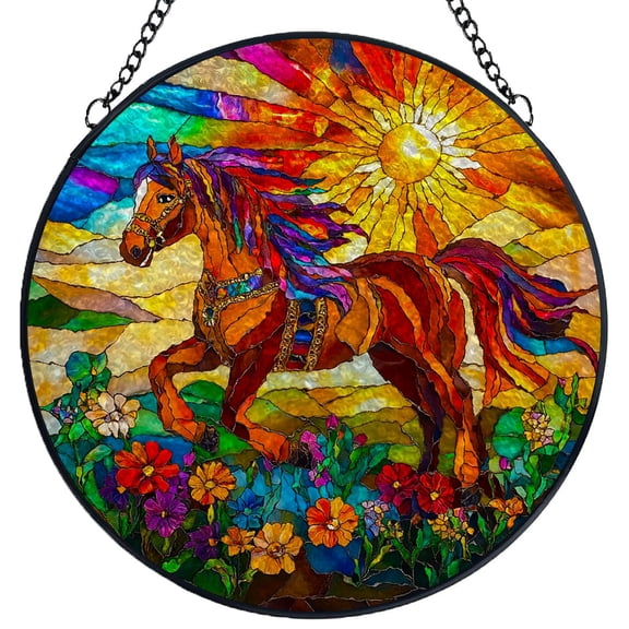 Stained Glass Suncatcher Panel Amerian Native Indian Horse in Flowers Handmade Glass Wingdow Hanging Suncatcher Ornaments Crafts Kits for Memorial and Garden Indoor Decor 6.3"-12
