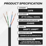 Cables Direct Online 500ft Cat6 Ethernet Cable Bulk – 23AWG Solid CCA UTP, Unshielded, 550MHz, Pull Box, LAN Network Wire, RJ45 Compatible, Indoor Use, High-Speed Internet, Black