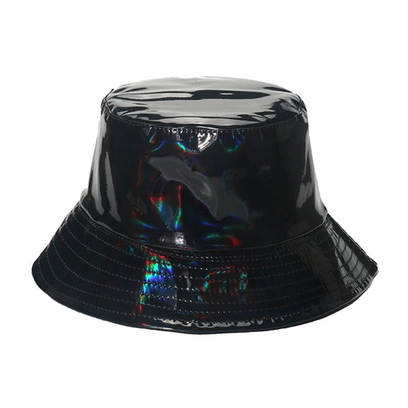 HNMKIU Hop Street Gold Silver Metal PU Bucket Hat Unisex Stage Performance Fisherman Hat Mens Hats 02_Black,One Size