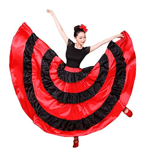 lontakids Womens Spanish Bull Dance Skirt Belly Dance Skirt Big Swing Flamenco Costume (180 Degree, Red)