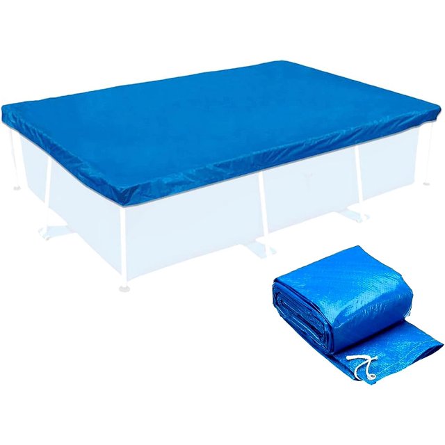cobertor piscina 4x2.11m, cobertor piscina rectangular burbujas, cobertor piscina rectangular, cobertor burbujas piscinas tubulares, cobertor lluvia - azul cubierta rectangular azul para alberca 4 x 2.11 m, vista frontal centrada sobre piscina tubular, la sección plegada muestra la textura de burbujas y un cordón de ajuste, fondo blanco; a menudo usado también para proteger la superficie de lluvia durante almacenamiento.