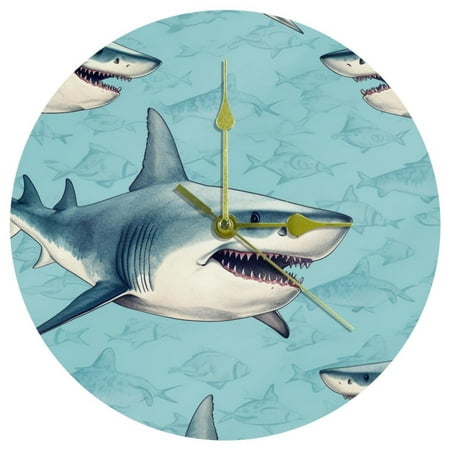 Shark 9.8 Inch Round Acrylic Wall Clock - Silent Non Ticking Battery Powered for Kitchen Bedroom Living Room Office - Wall Clocks