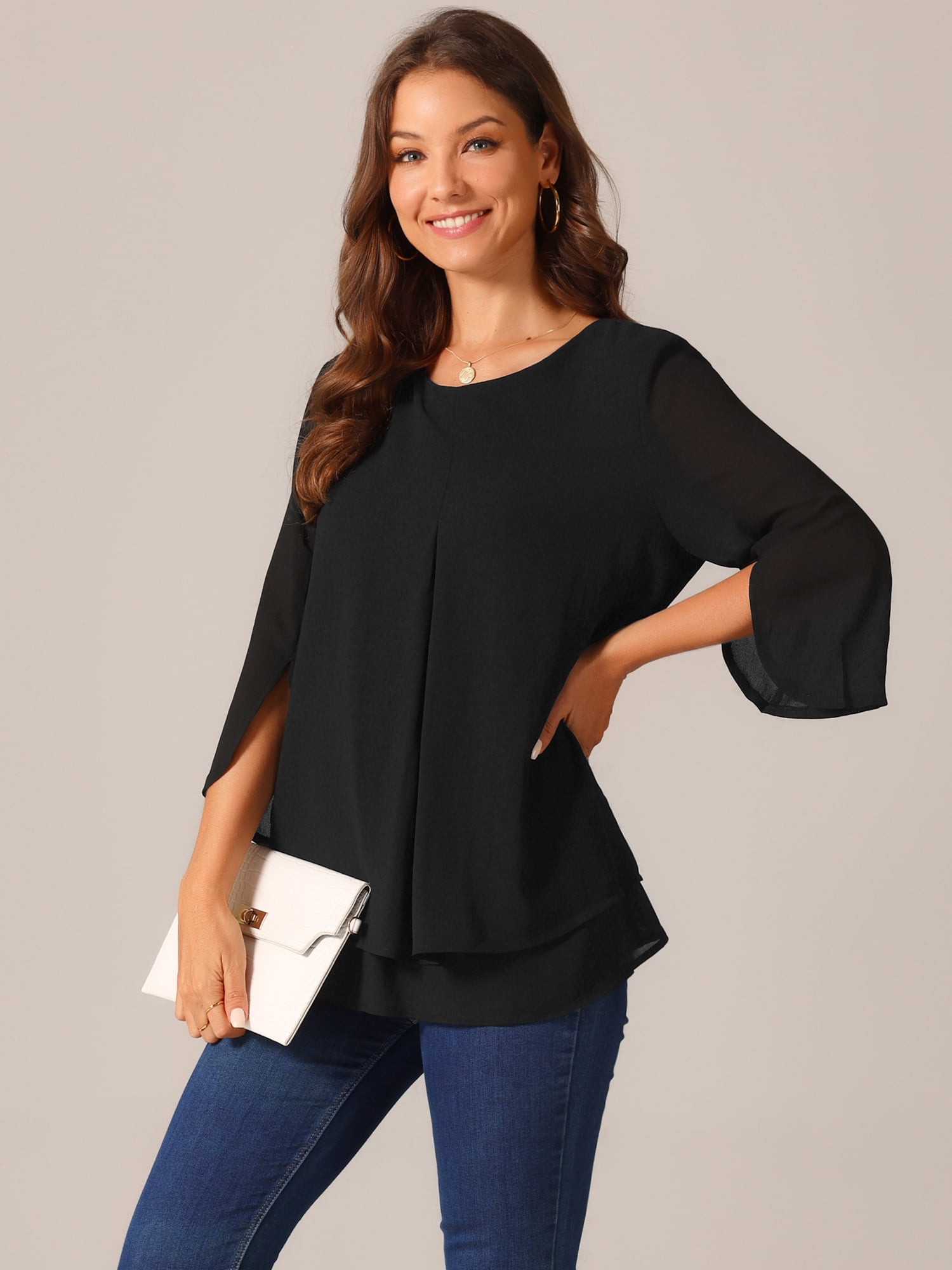 DARING DIVA Women's 3/4 Sleeve Chiffon Casual Crew Neck Blouses L Black