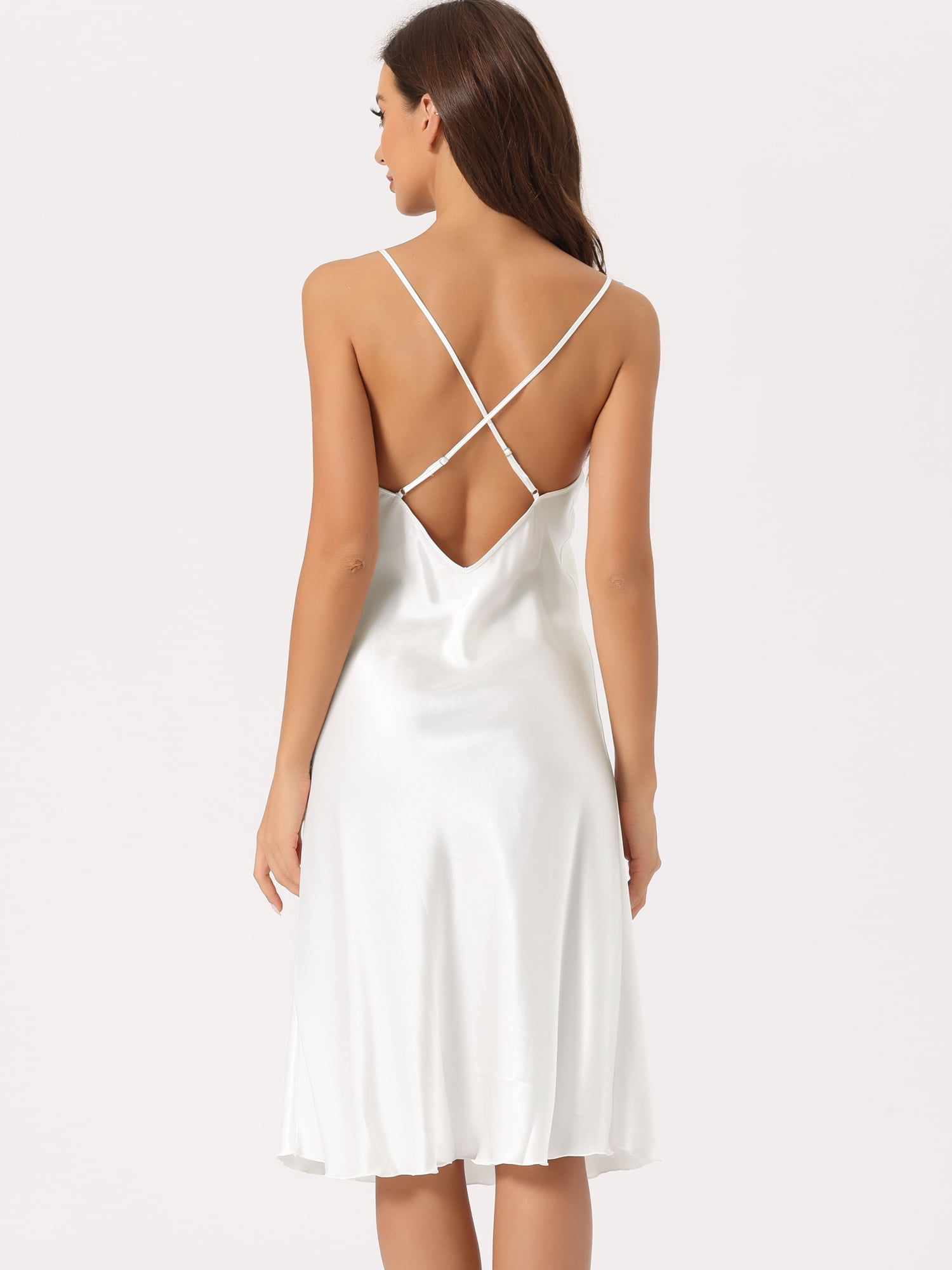 DARING DIVA Women's Satin Sleeveless Backless Slit Silky Midi Nightgown M White
